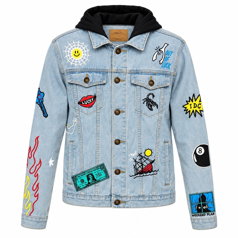 rue21 Streetwear Edgy Patch Denim Jacket Mens Medium Grunge Skater Punk Rock